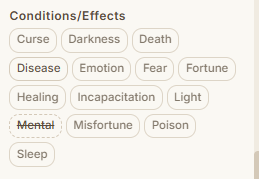 Trait filter showing Mental trait excluded with red highlight