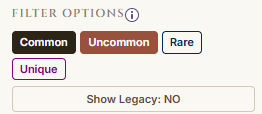 Filter options panel showing rarity toggles (Common, Uncommon, Rare, Unique) and legacy toggle