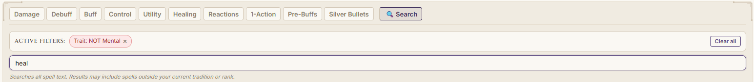 Search button next to role tabs for cross-tradition spell search